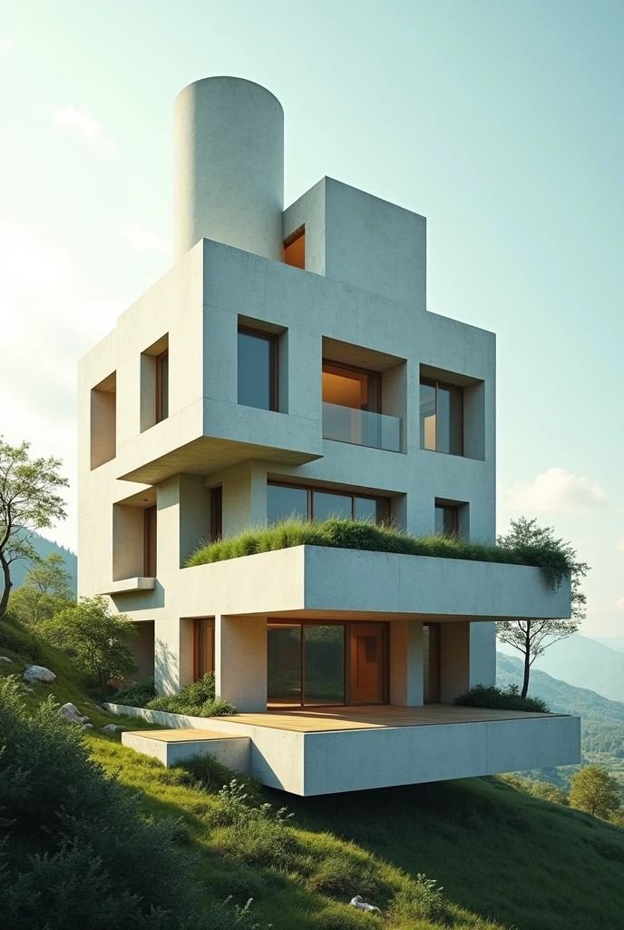 House that is shaped like a rectangle , cylinder and squares