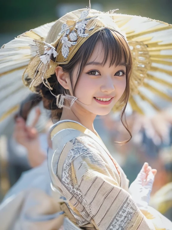 Photo-realistic quality、A 20-year-old Japanese woman dancing the Awa Odori dance、Traditional Bon Odori costumes based on white, White Arms、 White traditional costume, Japanese model, Cute playful pose of the dancer, Beautiful images, Traditional Costume、looking at the camera、Detailed and beautiful eyes、Cute smile、A soft and gentle look
