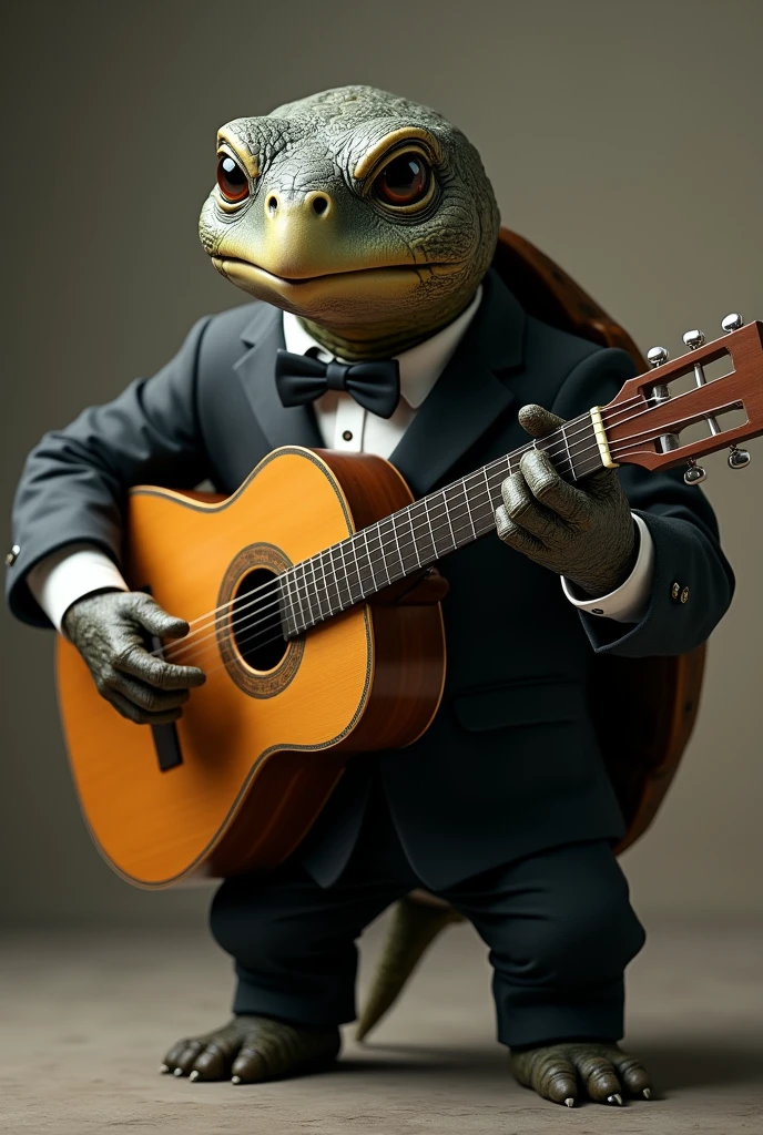 A turtle in a black suit playing a guitar 