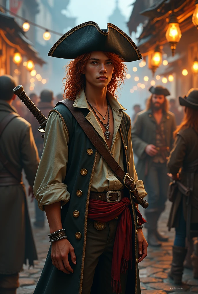 Red haired pirate, DnD world. Young male pirate with long curly red hair, he has no beard and a small scar on his nose. He’s wearing an old pirate trench cot, with an half ooen shirt under it. On his trousers he had a belt and a red band. On his head an old ruinedblack pirate hat. He’s having fun with many other sailor at the pub, there’s a storm in the background and a pirate city. He has two bastard sword on his back. He has many necklace and bracelets with some tatoos