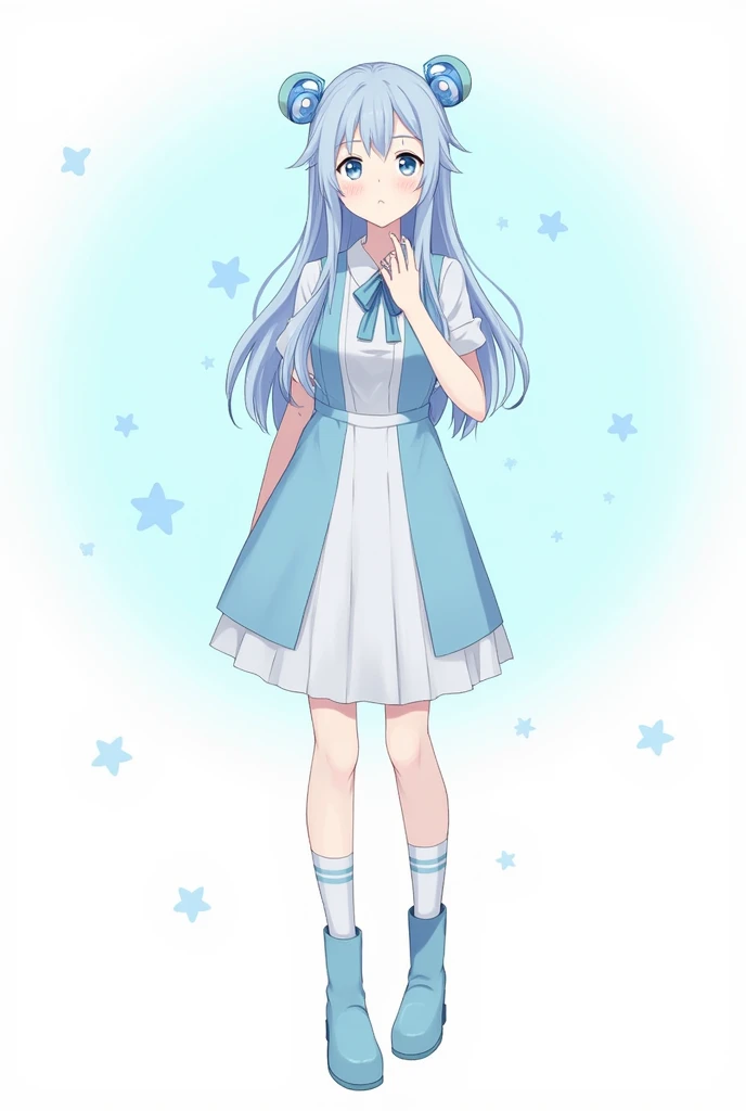 Female character,that she is an adult,that only the head is noticeable,with long, light blue hair, light blue and white shirt, with light blue skirt, sky blue and white socks, White skin, sky blue boots, cinamoroll sky blue headphones.