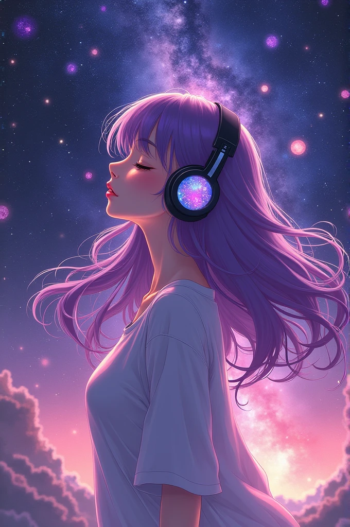 Woman with headphones, Planets, Galaxies, Stars, Woman Smiling, Shades of purple and black, anime style