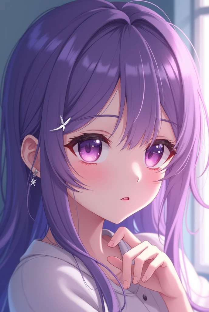 Anime girl with hair purple 
show a  small piercing un the ear with form of butterfly hélix so shine and white of 5 mm (so small) in the ear 