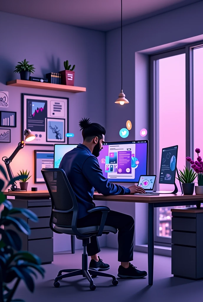 Here’s a detailed prompt for creating an image:
“Create an Instagram carousel cover image. The design should be modern, clean, and professional, using a balanced color palette of purple, black, and white. The background should feature a black graphic designer working in his or her office in a purple theme with icons representing social media platforms (such as Facebook, Instagram, Twitter, LinkedIn) integrated around the text in a visually appealing way. Include small business-related elements such as a growth chart or a laptop to emphasize the business aspect.”