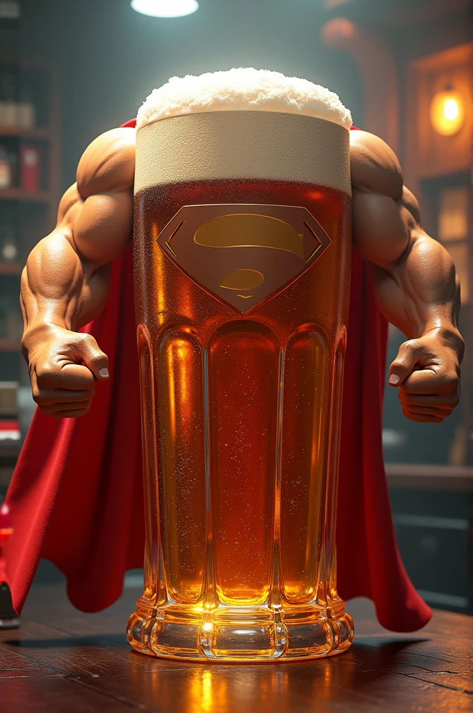 Beer mug with two strong arms on each side with a Superman cape