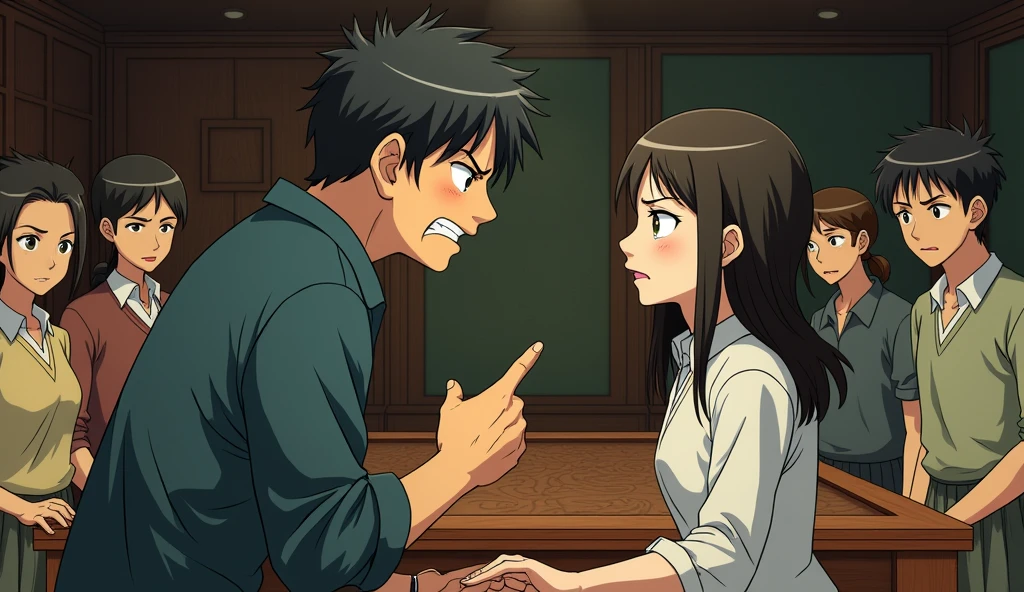A tense scene featuring a nervous man pointing his finger angrily at a young woman standing in front of a table. Surrounding the table, other individuals look on in fear and anxiety. The art style should resemble the charming and detailed aesthetics of Studio Ghibli, with expressive characters and a vibrant, immersive background.