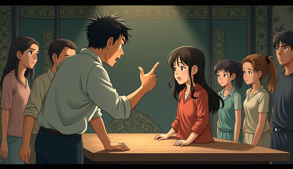 A tense scene featuring a nervous man pointing his finger angrily at a young woman standing in front of a table. Surrounding the table, other individuals look on in fear and anxiety. The art style should resemble the charming and detailed aesthetics of Studio Ghibli, with expressive characters and a vibrant, immersive background.