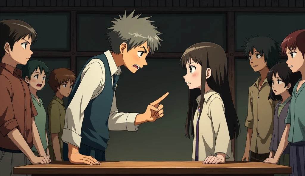 A tense scene featuring a nervous man pointing his finger angrily at a young woman standing in front of a table. Surrounding the table, other individuals look on in fear and anxiety. The art style should resemble the charming and detailed aesthetics of Studio Ghibli, with expressive characters and a vibrant, immersive background.
