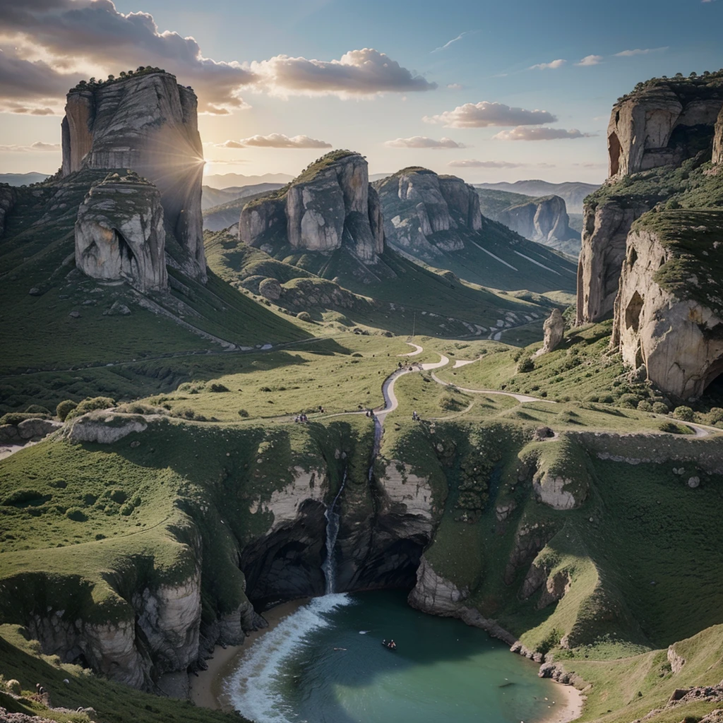 A landscape with lots of people and they form pareidolia the face of Jesus hyper-realistic 8k