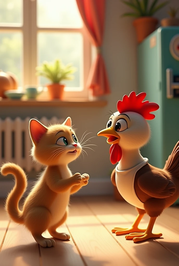 A cat eating animated chicken