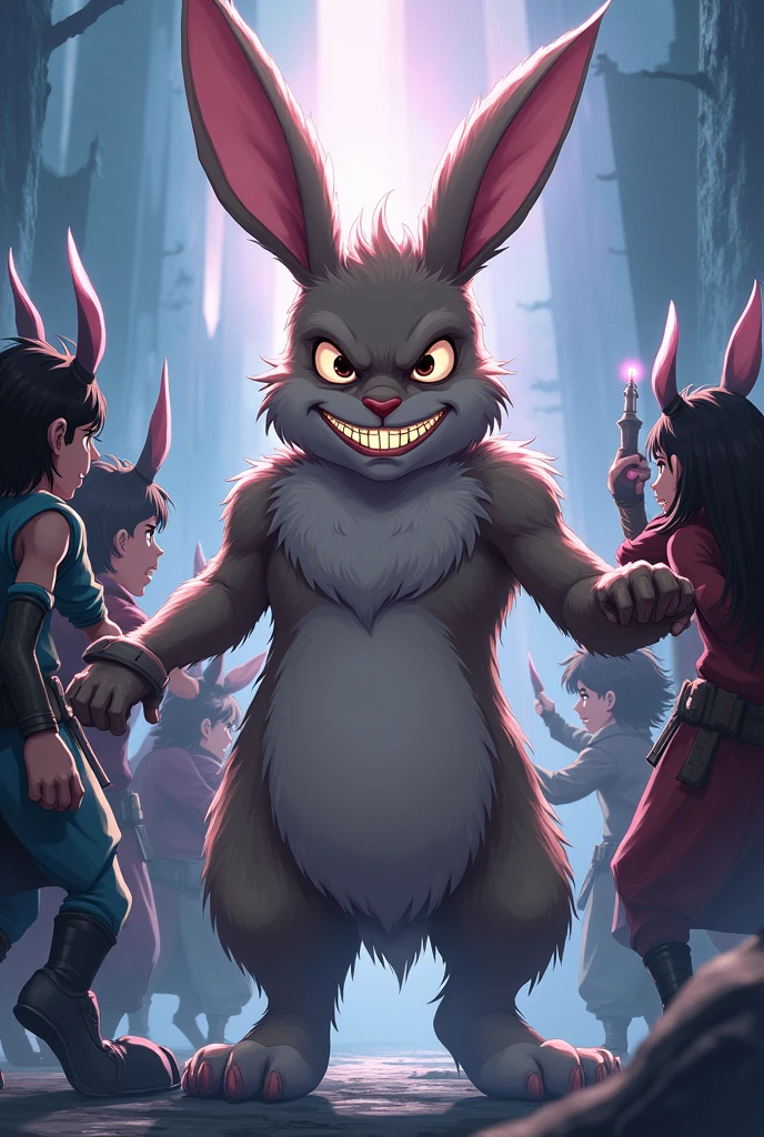 Black humanoid rabbits, ironic expression with surprise, He is looking at gods who are pointing mystical weapons at the Rabbit. The Rabbit is big and a little thin, has legs, arms, nose and is very hairy, and even has a bold expression and a very provocative smile., アニメ