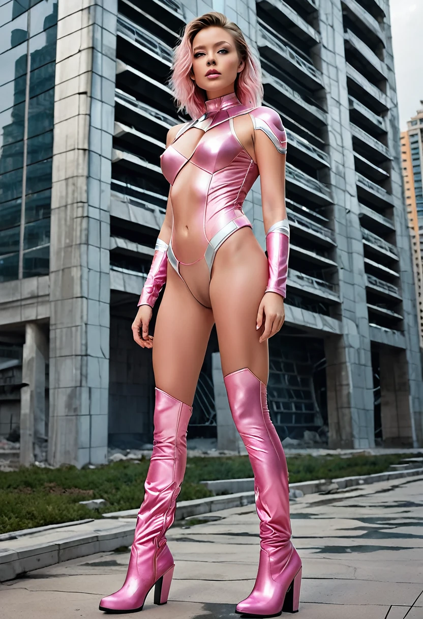 I want, so that you make me a realistic woman., in superhero style clothes in the style of a Marvel movie, Pastel pink color, where you can see her breasts and nipples naked, naked, that he wears high boots, outside a futuristic building, Random sexual positions