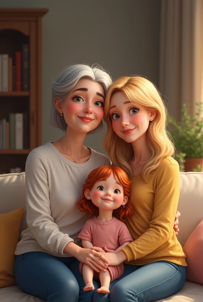 An image of a 6 mother, with short hair, gray and two daughters, a 3, redhead and a 30 year old, blonde