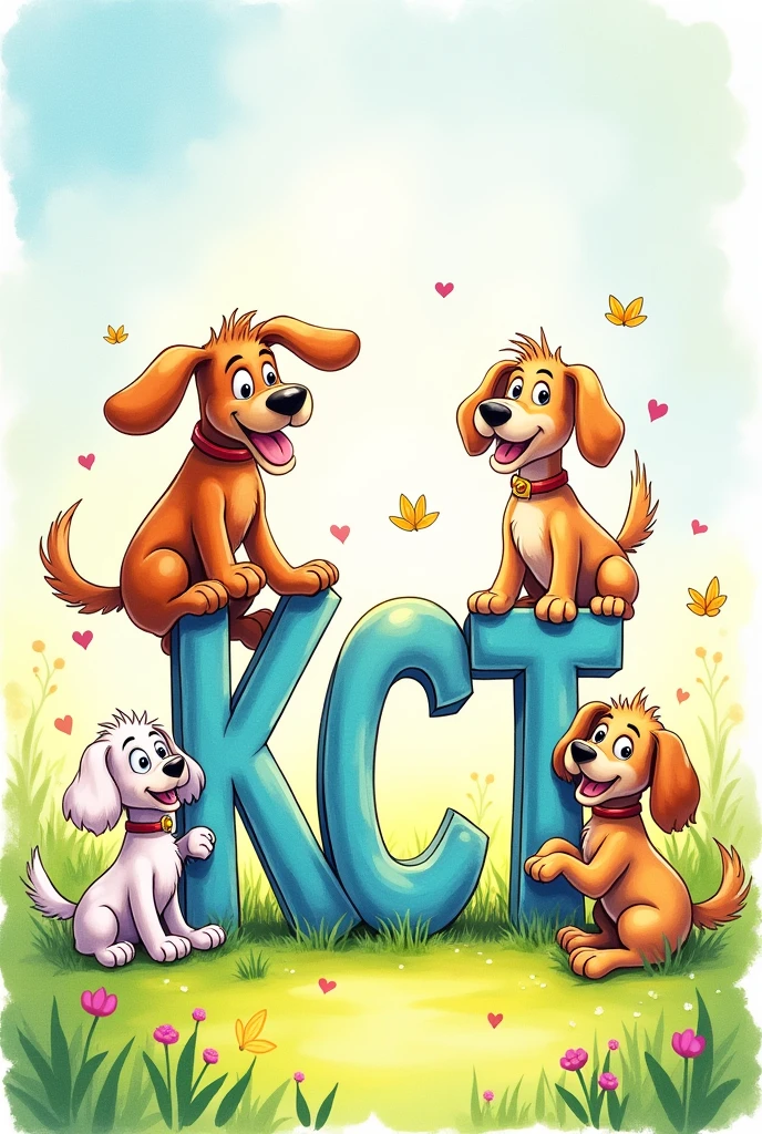 Drawing with the initials KCT and three dogs