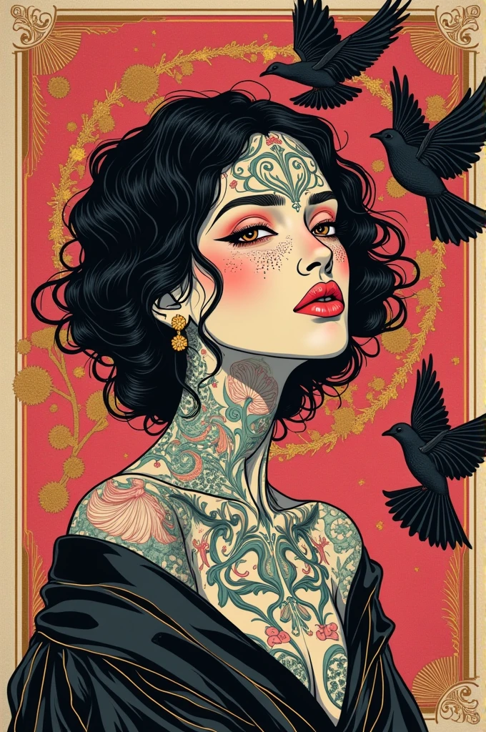 ((best quality)), ((masterpiece)), (detailed), ((perfect face)), surreal, ((art nouveau)), in the illustrative style of moebius, sparrows, fantasy, ethereal, gold border, graphic novel, line drawing, japanese, traditional, vintage, elegant, chic, sophisticated, tattooed face, vibrant pinks, stark blacks, gold details,