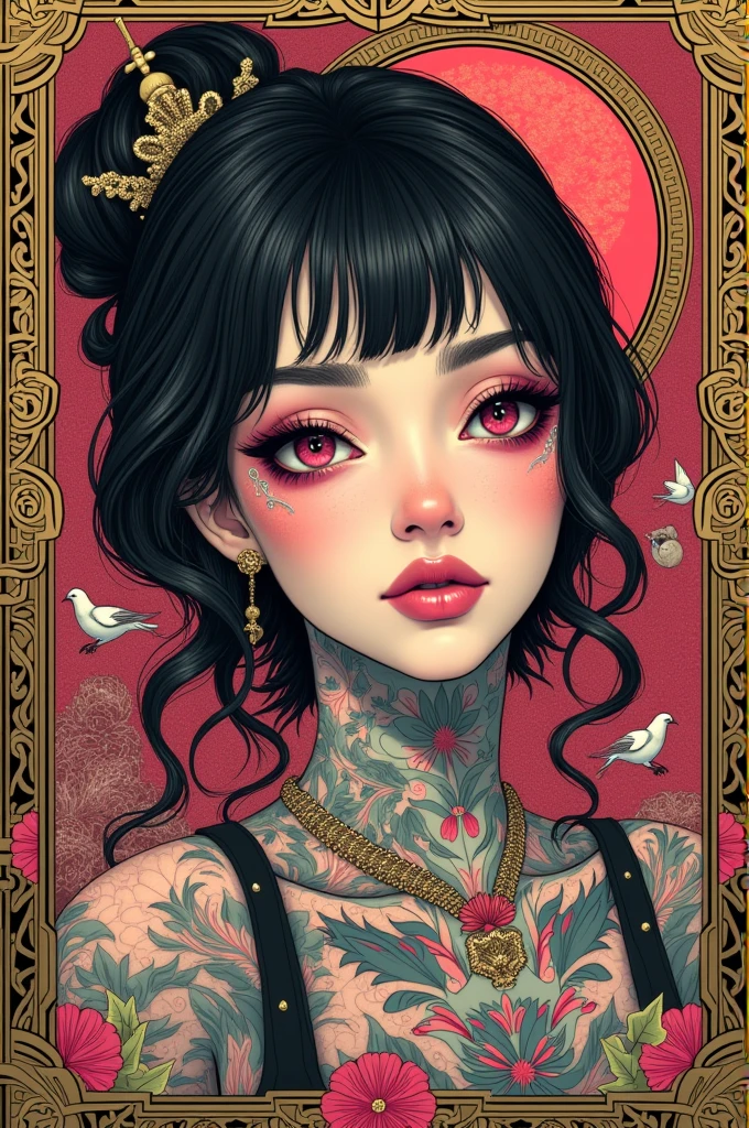 ((best quality)), ((masterpiece)), (detailed), ((perfect face)), surreal, ((art nouveau)), in the illustrative style of moebius, sparrows, fantasy, ethereal, gold border, graphic novel, line drawing, japanese, traditional, vintage, elegant, chic, sophisticated, tattooed face, vibrant pinks, stark blacks, gold details,