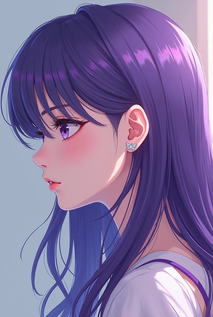 Anime alternative girl with hair purple
show a small piercing un the ear with form of butterfly hélix so shine and white of 5 mm (so small) in the ear