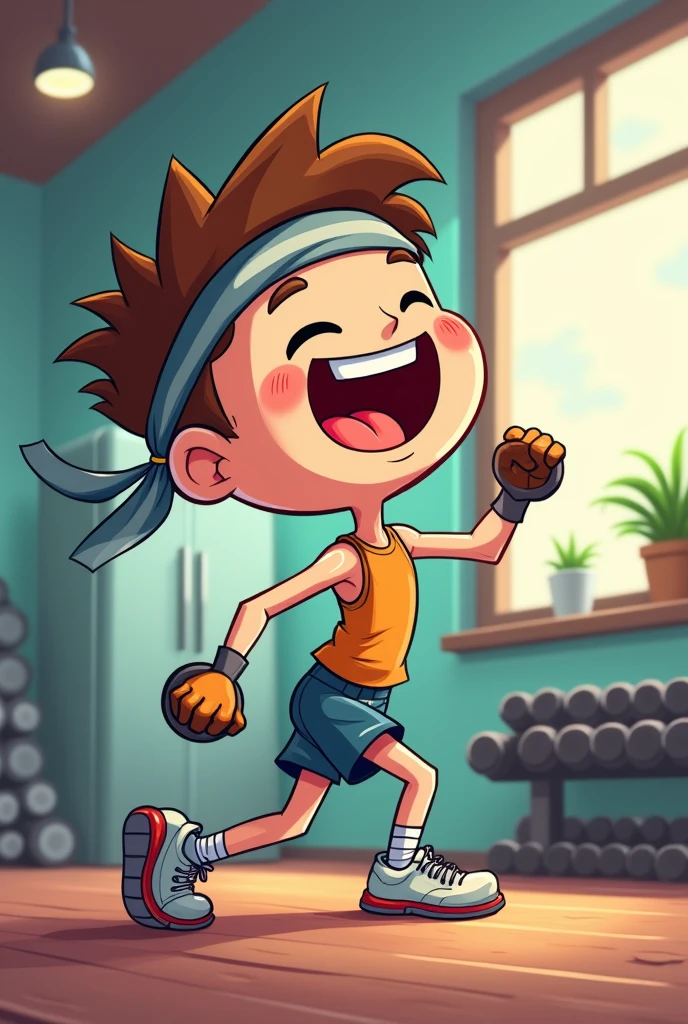 ((melhor qualidade)), ((obra de arte)), (detalhado), "Draw a stick figure character working out at the gym. It should have simple yet expressive features, with exaggerated muscles in the arms and legs for a humorous touch. The character could be lifting weights, doing push-ups, or any other bodybuilding exercise, wearing accessories like a headband or workout gloves. The scene should be fun and charismatic, capturing the cheerful spirit of a gym enthusiast."