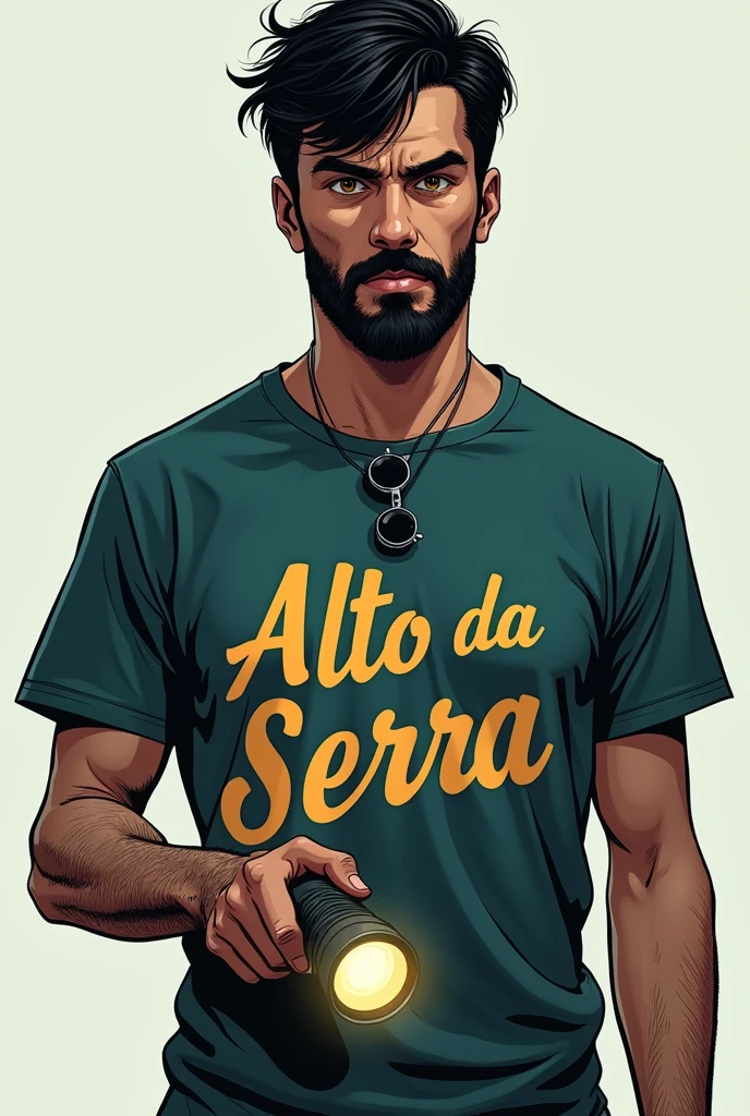 Comic book style image, Mature 20 year old man with mysterious expression, black short hair, with medium black beard and brown eyes with glasses hanging on his shirt wearing a summer camp t-shirt that says Alto da Serra and a flashlight in his hand, half dark academia, Estilo da DC Comics, imagem sem fundo