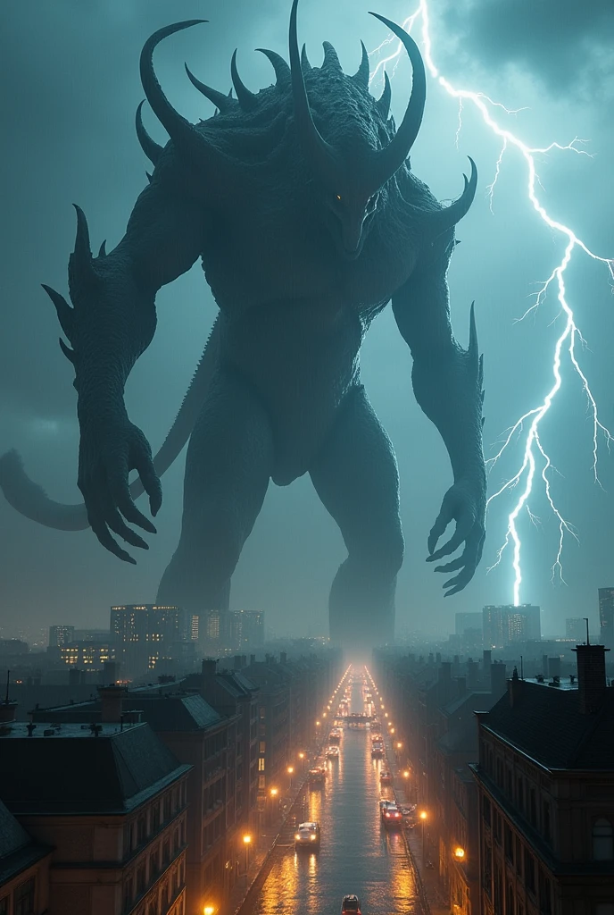 Absolutely massive alien titan towering over the city of London at night, panoramic shot, giant alien monster, incredible scale, arching over the cityscape, backlit by lightning, view from the side, attacking, complex character design, multiple limbs, a tail, original character, rain, dramatic scene, cinematic, terrifying, glowing from inside body
