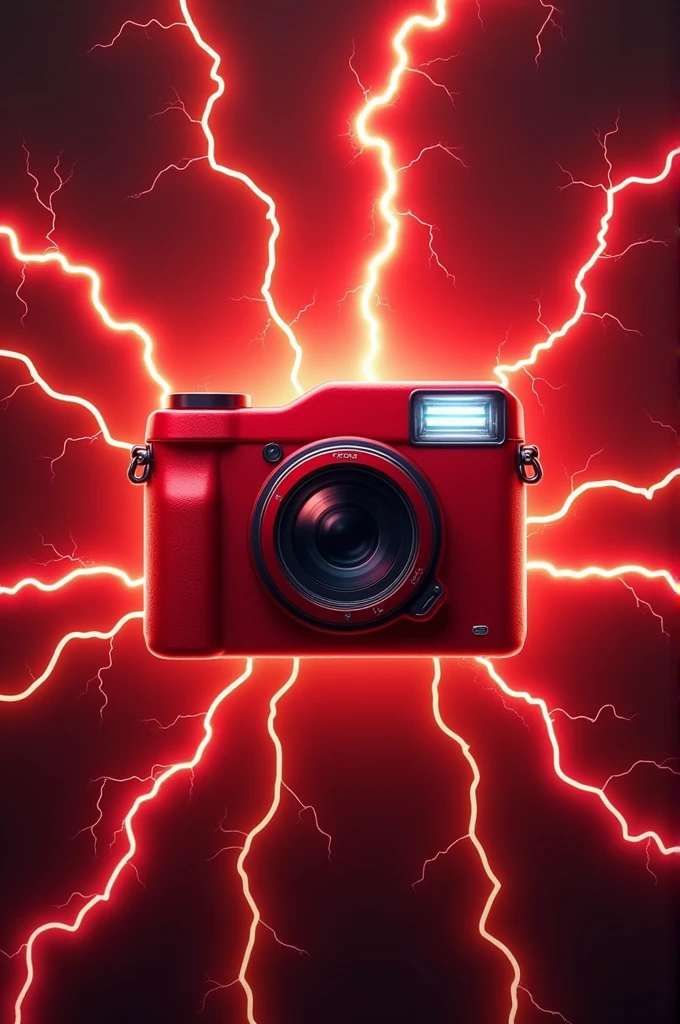 Create an image of a red camera emoji in the center and several red lightning bolts in the background