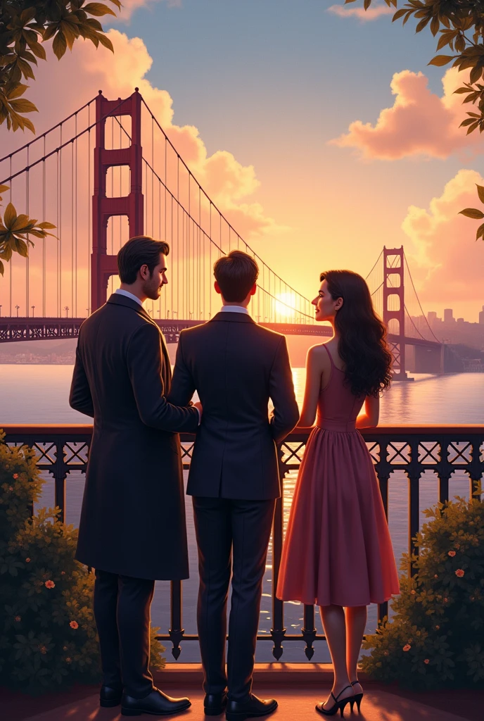 Ilustra a Phileas Fogg , to his partner and his girlfriend standing on a balcony watching the San Francisco bridge from afar and Fogg with a look of happiness