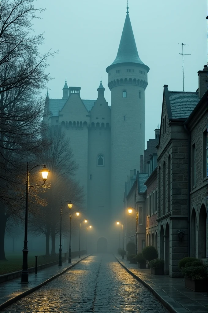 Generate a book cover with an Irish-style castle that creates a mystery. The book must be called Castelo Branco and must have a street in front with trees and fog.