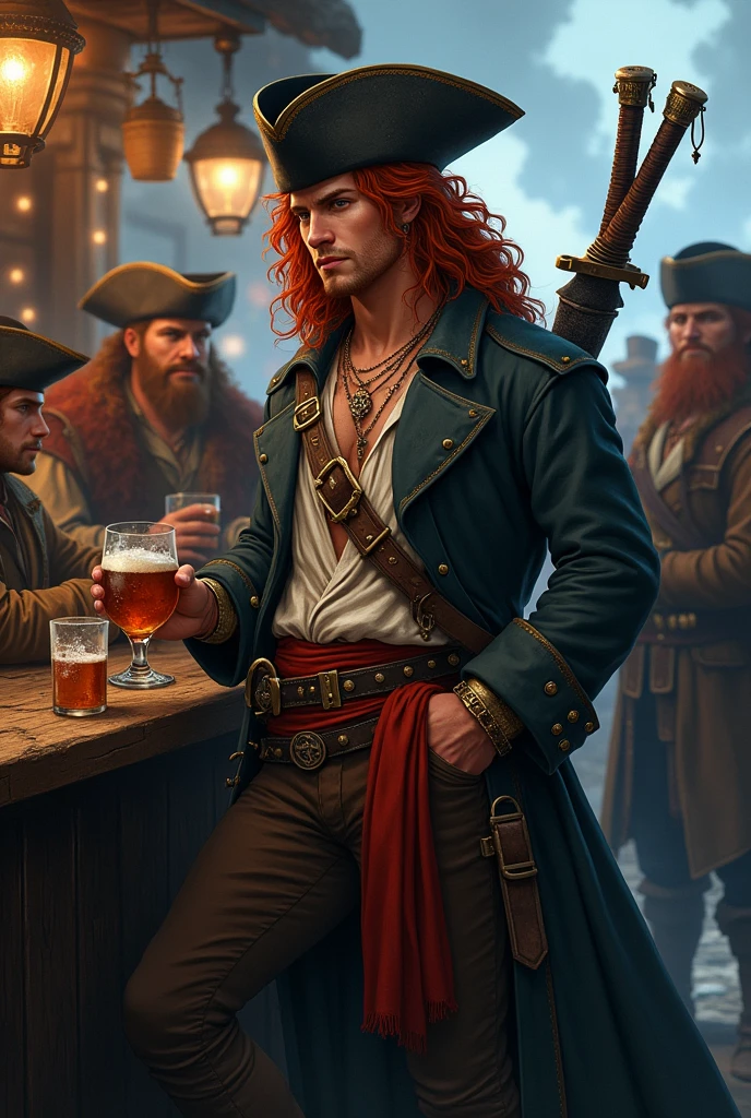 Red haired pirate, DnD world. A male pirate with long curly red hair, he has no beard and a small scar on his nose. He’s wearing an old pirate trench cot, with an half ooen shirt under it. On his trousers he had a belt and a red band. On his head an old ruinedblack pirate hat. He’s having fun with many other sailor at the pub, there’s a storm in the background and a pirate city. He has two bastard sword on his back. He has many necklace and bracelets with some tatoos