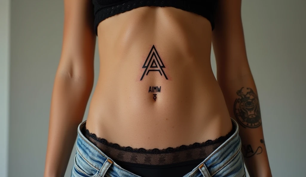 Tattoo on woman stomach "A I M V" in a logo and  "AI MUSIC VIDEOS"  text below logo, she is in low cut unbutton jeans that slightly pulled down and and slightly showing part of her black lacy panties, perfect abs, tan skin.