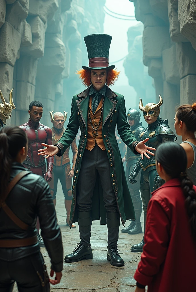 Mad Hatter on the platform disguisedly around the heroes Mad Hatter Cyborg Joker Echo (Maya Lopez)
Jason Grace
Leo Valdez
Loki
Nico di Angelo
Piper McLean
Professor Xavier
Reyna Avila
Toph
Thor