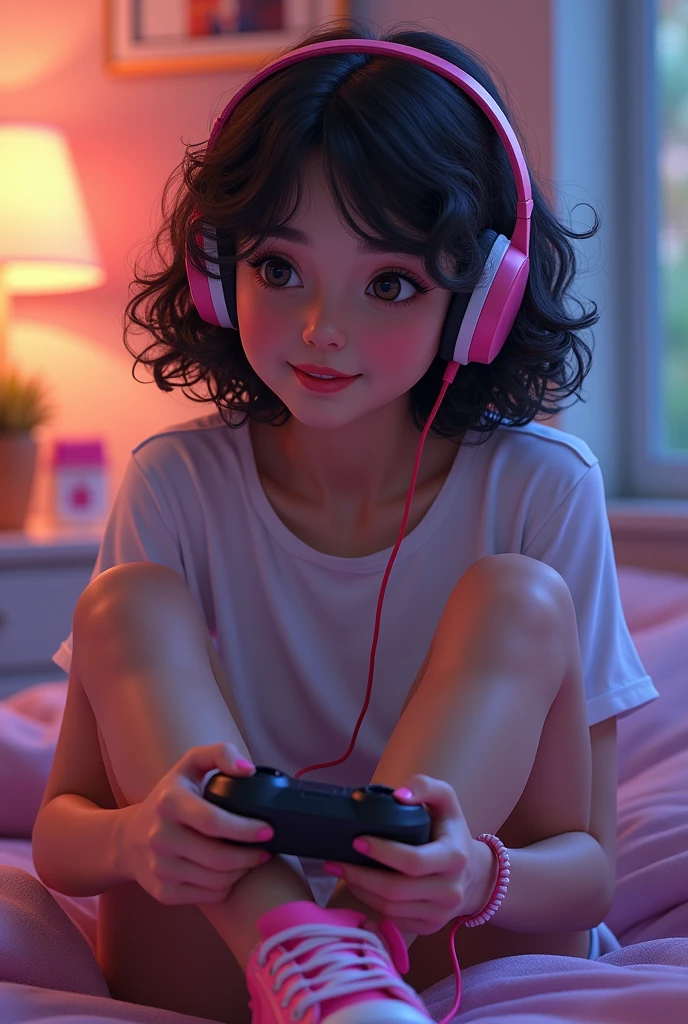 A 5 to , light-skinned brunette with short curly hair, wearing a skirt, pink All Star shoes and headphones playing games.