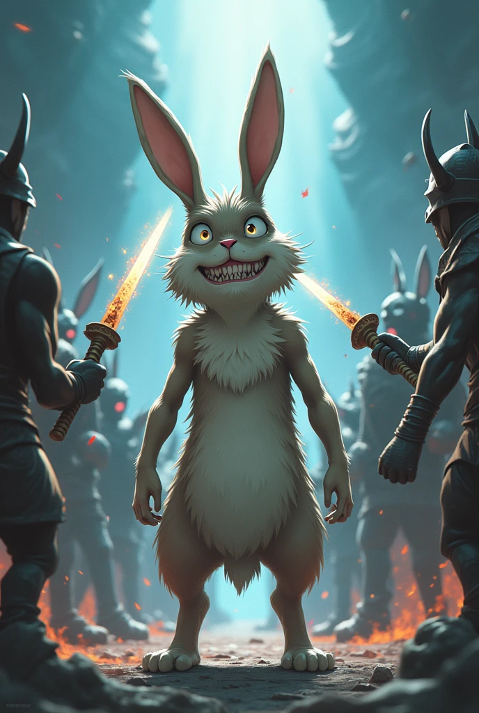 Black humanoid rabbits, ironic expression with surprise, He is looking at gods who are pointing mystical weapons at the Rabbit. The Rabbit is big and a little thin, has legs, arms, nose and is very hairy, and even has a bold expression and a very provocative smile., アニメ