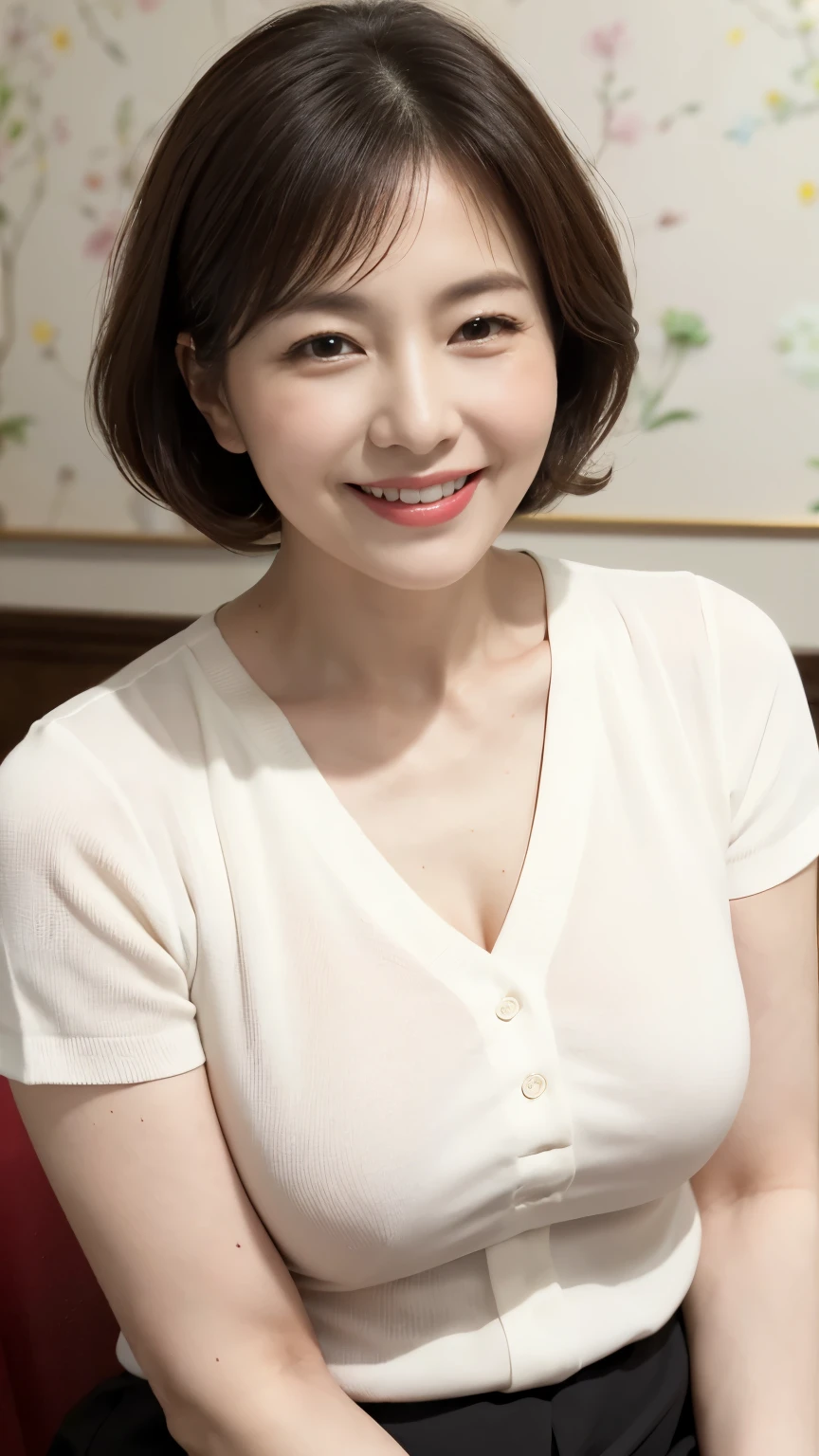 8k wallpaper, masterpiece, Highest quality, Very detailed, One Mature Woman, 50 years old, Become very clear, Wearing a short-sleeved knit, Skin dents, Captivating smile, Looking at the audience, No lapel microphone, Plump, Curvaceous, Attractive face, Smiling with teeth showing, I was happy, sitting in a cafe, Background Blur