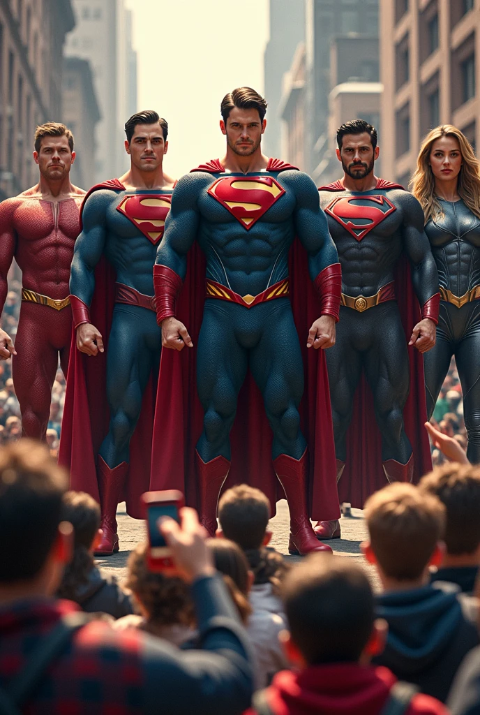 5 Superheroes Standing in Public and Being Admired by People Amazed at the Sight of Them. top view showing the heroes' heads and people's expressions.