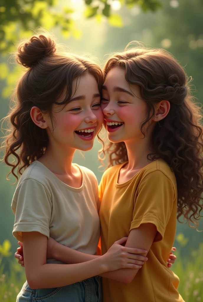 realistic sixteen age girl with curly brown hair and white skin laughing with her little twelve sister
