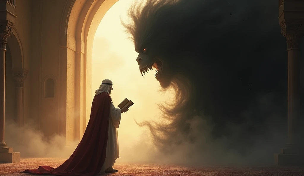 (Islamic horror story title : Shadows in the third part of the night)

Scene 5: Hassan Fights with Al-Quran Verses - Setting and Atmosphere : The interior of the mosque with slightly brighter lighting than the previous scene.. The black shadow looks increasingly shaky.
  
- Main Characters : Hassan who recites the verses of the Quran firmly and boldly. Focus on the changing atmosphere of the mosque which is starting to return to normal.