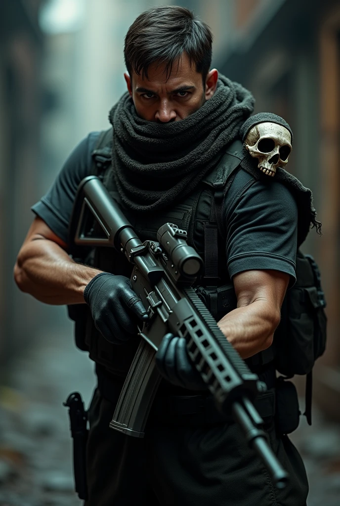 make a man appearing from the waist up with a black workskirt and ballistic vest, a thick cloth wrapped around the neck like a torn scarf (but don't cover the mouth), short dark brown hair, holding a modern rifle, looking and aiming at the camera with a skull mask on the shoulder (Ghost style from COD MW2).