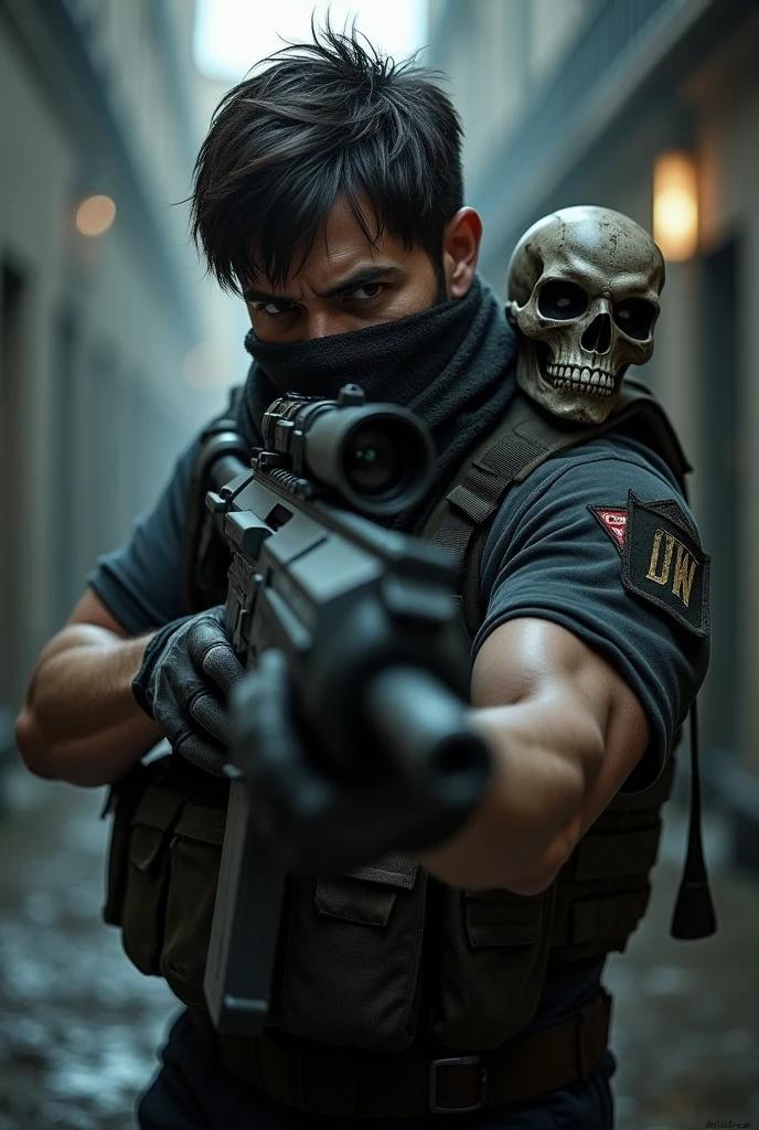 make a man appearing from the waist up with a black workskirt and ballistic vest, a thick cloth wrapped around the neck like a torn scarf (but don't cover the mouth), short dark brown hair, holding a modern rifle, looking and aiming at the camera with a skull mask on the shoulder (Ghost style from COD MW2).