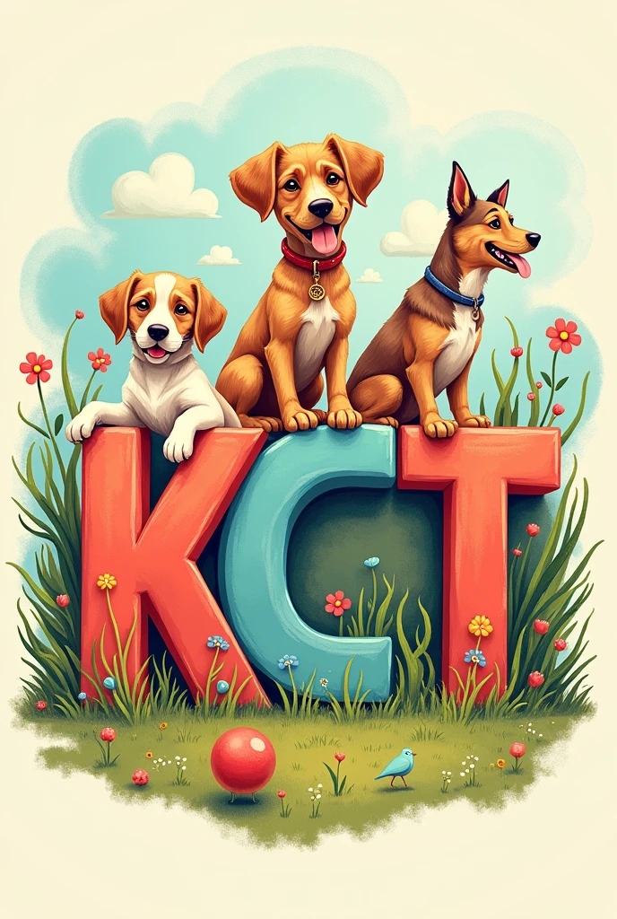 Drawing with the initials KCT and 3 dogs 