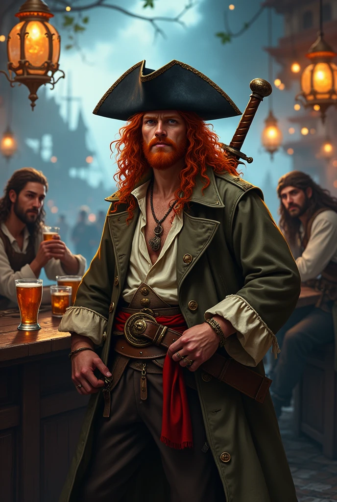 Red haired pirate, DnD world. A male pirate with long curly red hair, he has no beard and a small scar on his nose. He’s wearing an old pirate trench cot, with an half ooen shirt under it. On his trousers he had a belt and a red band. On his head an old ruinedblack pirate hat. He’s having fun with many other sailor at the pub, there’s a storm in the background and a pirate city. He has two bastard sword on his back. He has many necklace and bracelets with some tatoos