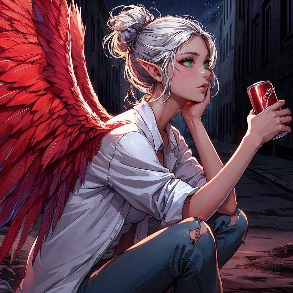 masterpiece, high quality, One Woman、Beautiful woman、Low ponytail,Silver hair covering one eye, Green Eyes、Big red wings,Long pointed ears, Contemptuous eyes, Wearing a white shirt with care,moving line, Anime Style, 