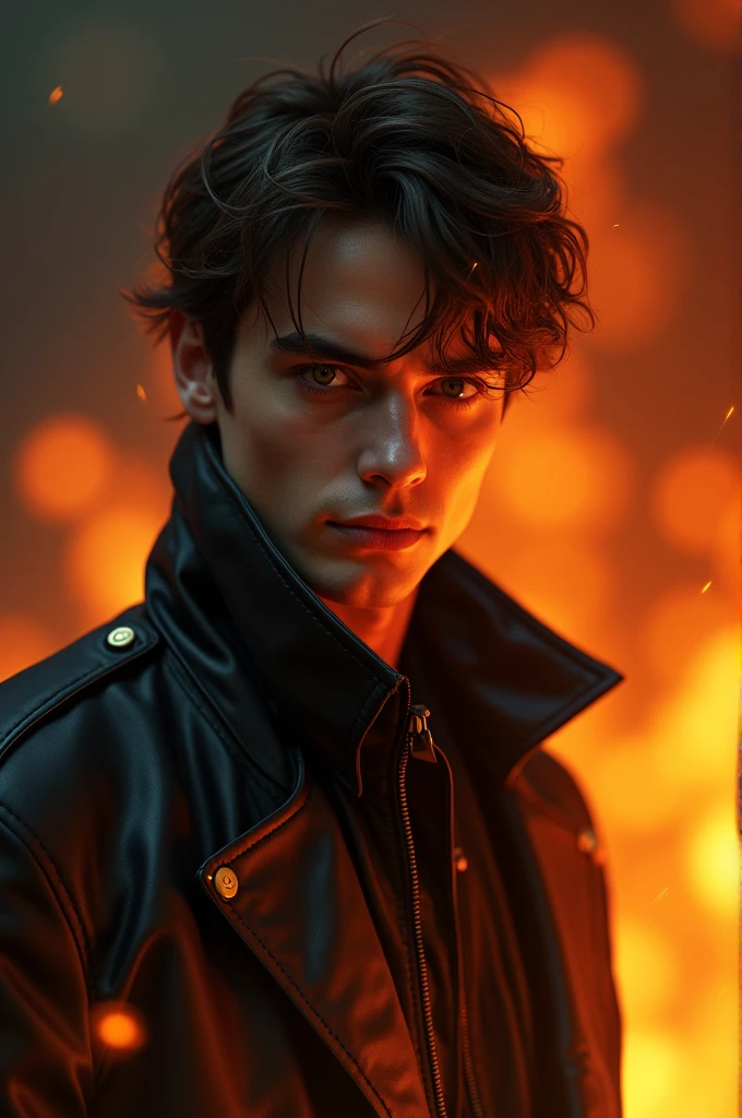 A young Man With Brown hair, and a Black jacket, and fire in the eyes