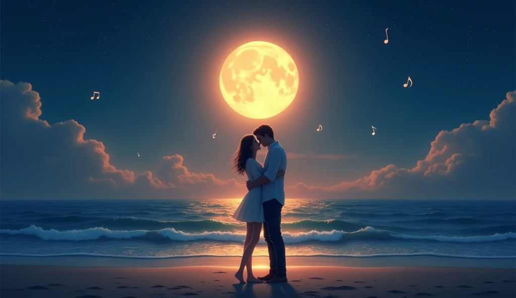 Design a romantic and dreamy YouTube thumbnail. The scene should depict a couple standing under a moonlit sky with stars shining brightly. The couple should be locked in a gentle embrace, their silhouettes highlighted by soft, ethereal light. Include subtle musical notes floating around them to signify the song's theme. In the background, a serene ocean waves softly, with the moon reflecting off the water. Use a combination of warm and cool tones to evoke love and serenity. Title text in elegant, glowing font: 'I Fall Into You.