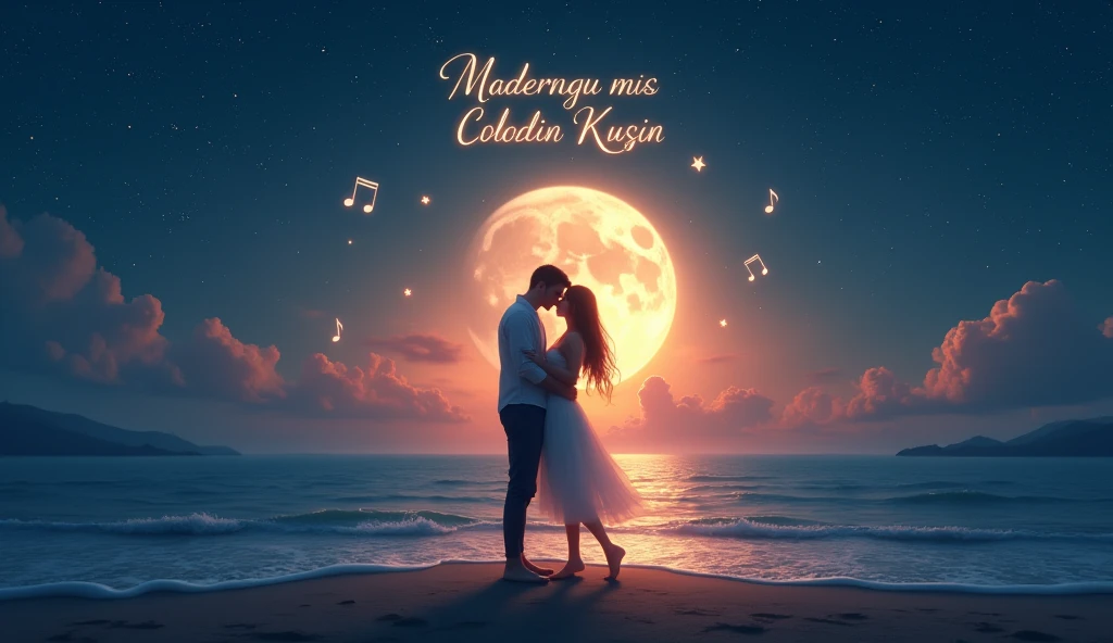 Design a romantic and dreamy YouTube thumbnail. The scene should depict a couple standing under a moonlit sky with stars shining brightly. The couple should be locked in a gentle embrace, their silhouettes highlighted by soft, ethereal light. Include subtle musical notes floating around them to signify the song's theme. In the background, a serene ocean waves softly, with the moon reflecting off the water. Use a combination of warm and cool tones to evoke love and serenity. Title text in elegant, glowing font: 'I Fall Into You.