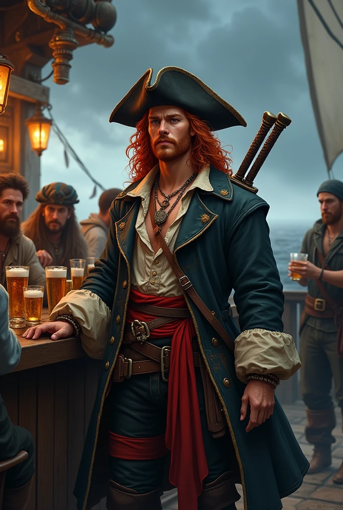 Red haired pirate, DnD world. A male pirate with long curly red hair, he has no beard and a small scar on his nose. He’s wearing an old pirate trench cot, with an half ooen shirt under it. On his trousers he had a belt and a red band. On his head an old ruinedblack pirate hat. He’s having fun with many other sailor at the pub, there’s a storm in the background and a pirate city. He has two bastard sword on his back. He has many necklace and bracelets with some tatoos