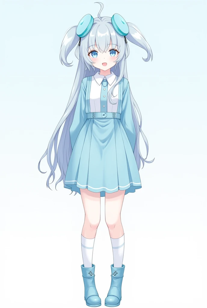 female character,that she is an adult,that only the head is noticeable,with long, light blue hair, light blue and white shirt, with light blue skirt, sky blue and white socks, White skin, sky blue boots, cinamoroll sky blue headphones. 