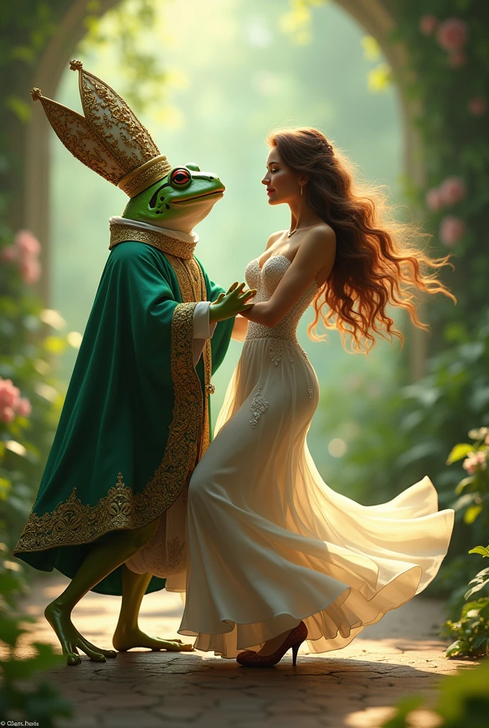 a frog, which is dressed like a priest, is dancing with goodlocking woman