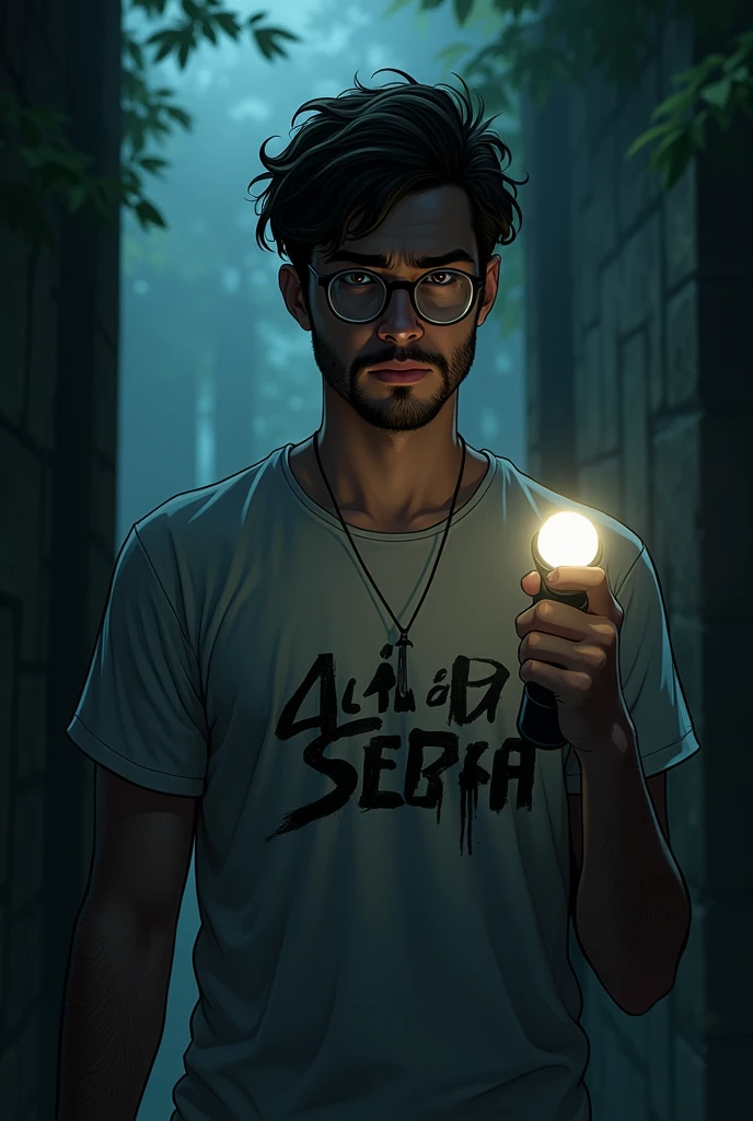 Mature 20 year old man with mysterious expression, black short hair, with medium black beard and brown eyes with glasses hanging on his shirt wearing a summer camp t-shirt that says Alto da Serra and a flashlight in his hand, half dark academia, Estilo da DC Comics, imagem sem fundo, dc comics style