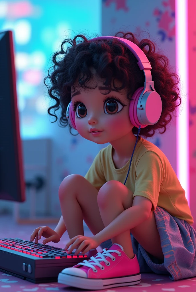A 5 to light-skinned girl with short curly hair wearing a skirt, pink All Star shoes and headphones playing games