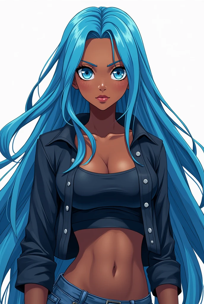 A black woman with long blue hair, with bright blue eyes. In the style of manga/anime One Piece Full Body One piece